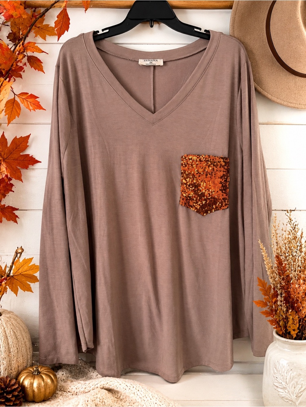 Zenana Outfitters Taupe V-Neck Top Sequin Pocket Long Sleeve Oversized Tunic